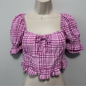 Faithfull the Brand Vaneda Gingham Puff-Sleeve Crop Top Size S